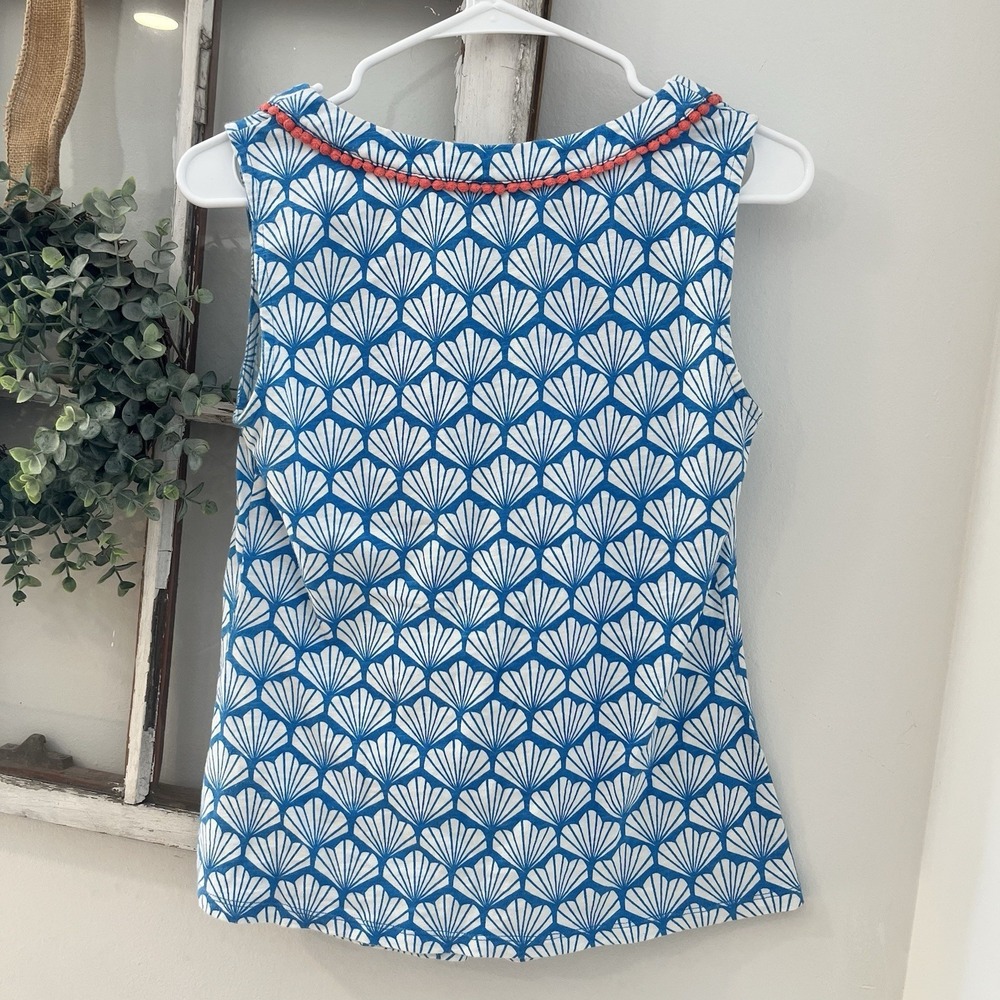 Boden Tarifa Jersey Sleeveless Top Blue White Seashell Print Coral Trim Sz 4 - Picture 5 of 6